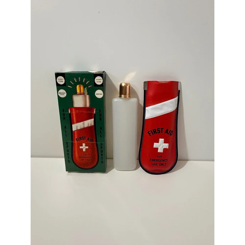 Vintage First Aid Emergency Novelty Whiskey Flask w/Belt Loop by & Box Gag Xmas